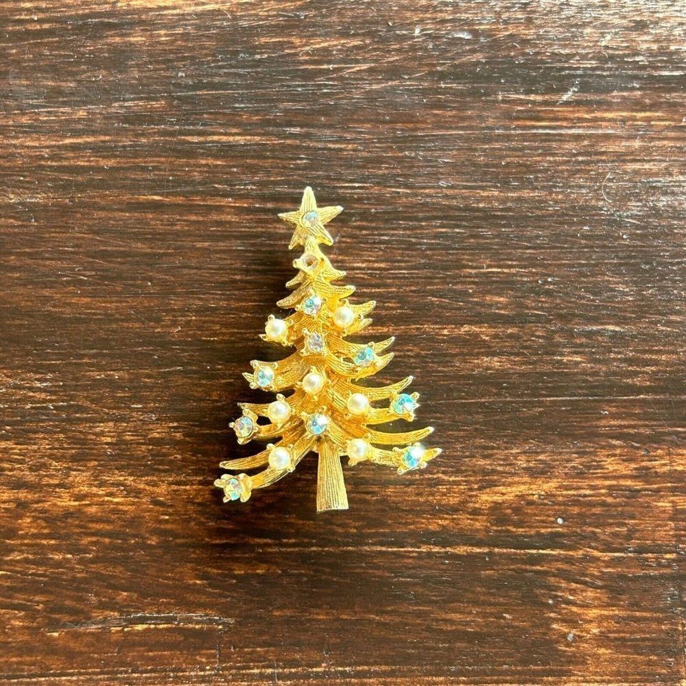 Mylu Goldtone Faux Pearl Ab Crystal Christmas Tree Brooch, Pin - Missing 1 Pearl